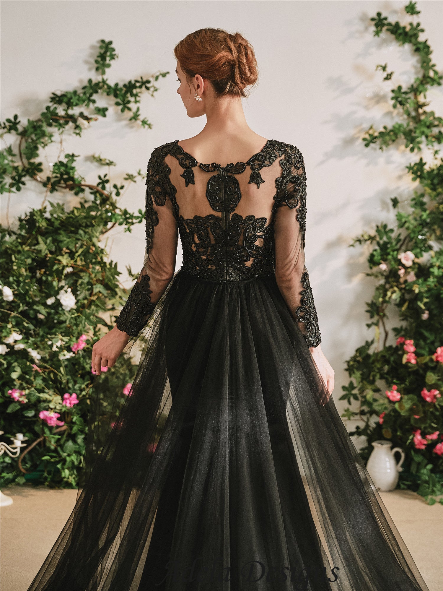 Black Leaf Lace Wedding Dress with Off-the-Shoulder Sleeves | Martina Liana